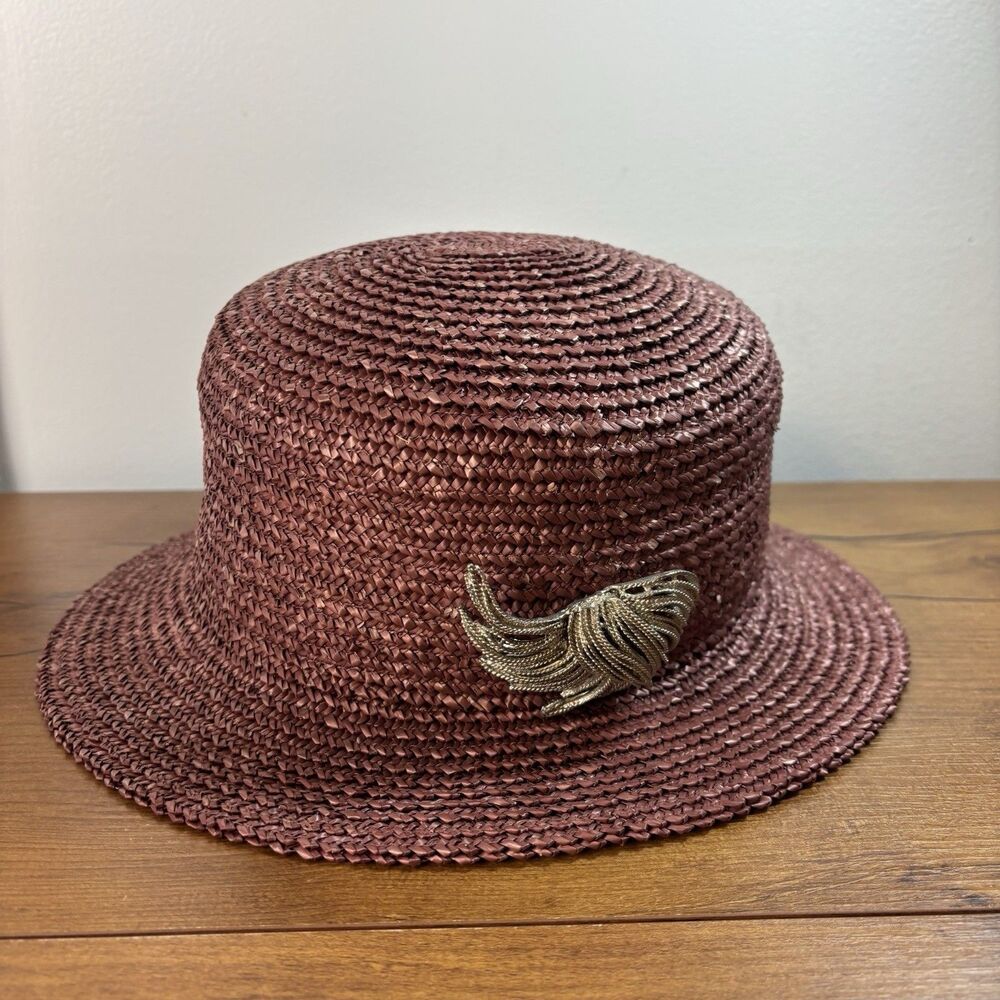 Eric Javits Woven Straw Cloche Bucket Hat Burgundy w Metallic Feather Brooch USA - Picture 10 of 10